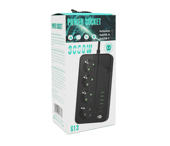 Мережевий фільтр VOLTRONIC G13H 4 розетки 220В 4 USB та 2 USB-C з таймером, 2 метри ALN-G13H фото